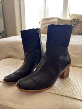 Black Leather Mid-Heel Ankle Booties